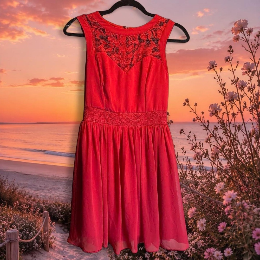 Size 7/8 (medium) Red lace babydoll dress with a flowy skirt